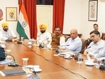 Punjab CM Bhagwant Mann holds a high-level meeting with various departments to review the flood situation in the state. (ANI) Punjab CM Bhagwant Mann holds a high-level meeting with various departments to review the flood situation in the state. (ANI)
