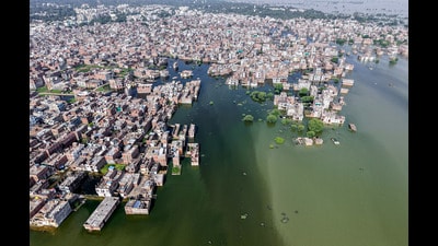 A view of the Beli Gaon area inundated with water following the flood in the river Ganga, in Prayagraj (ANI)