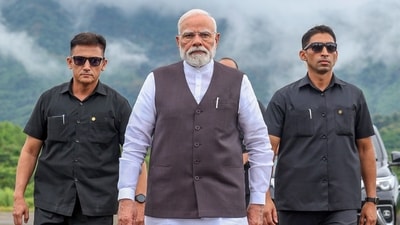Prime Minister Narendra Modi arrives at Aizawl for the inauguration of the Bairabi-Sairang New Rail line, in Aizawl on Saturday. Modi later arrived in Manipur to interact with displaced people and lay the foundation stones of several projects. (ANI Photo) Prime Minister Narendra Modi arrives at Aizawl for the inauguration of the Bairabi-Sairang New Rail line, in Aizawl on Saturday. Modi later arrived in Manipur to interact with displaced people and lay the foundation stones of several projects. (ANI Photo)