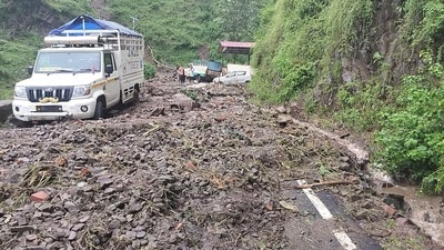 At least 10 vehicles were buried under debris, and crops were damaged due to a flash flood triggered by cloudburst in Namhol, Bilaspur district, during the wee hours on Saturday. (HT Photo) At least 10 vehicles were buried under debris, and crops were damaged due to a flash flood triggered by cloudburst in Namhol, Bilaspur district, during the wee hours on Saturday. (HT Photo)