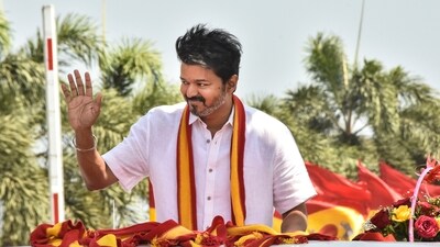 Mamallapuram: Tamilaga Vettri Kazhagam (TVK) chief and actor Vijay after TVK's second anniversary celebration function, in Mamallapuram, Tamil Nadu. (PTI) (HT_PRINT) Mamallapuram: Tamilaga Vettri Kazhagam (TVK) chief and actor Vijay after TVK's second anniversary celebration function, in Mamallapuram, Tamil Nadu. (PTI) (HT_PRINT)