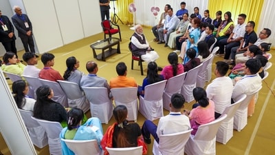 Prime Minister Narendra Modi during a meeting with violence-affected people at a relief camp, in Imphal. (PMO)