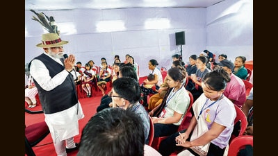 Prime Minister Narendra Modi interacts with violence-hit displaced people in Churachandpur on Saturday. (ANI) Prime Minister Narendra Modi interacts with violence-hit displaced people in Churachandpur on Saturday. (ANI)