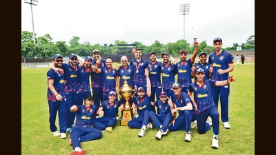 The Chandigarh Kings team posing with the Chandigarh Premier League T20 trophy. (HT)