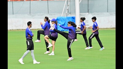 The Indian women cricket team training ahead of the ODI against Australia at the PCA Stadium in New Chandigarh on Saturday. (Ravi Kumar/HT) The Indian women cricket team training ahead of the ODI against Australia at the PCA Stadium in New Chandigarh on Saturday. (Ravi Kumar/HT)