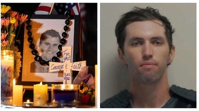 Candles and flowers (Left) are seen near a portrait of right-wing activist Charlie Kirk at a makeshift memorial during a candlelight vigil at Memorial Park in Provo, Utah and A police mugshot (Right) shows Tyler Robinson, the suspect in the murder of Kirk. (AFP and Reuters)