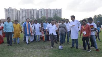West Bengal state BJP president and party’s Rajya Sabha member, Samik Bhattacharya, kicking a football during the launch of Narendra Cup. West Bengal state BJP president and party’s Rajya Sabha member, Samik Bhattacharya, kicking a football during the launch of Narendra Cup.
