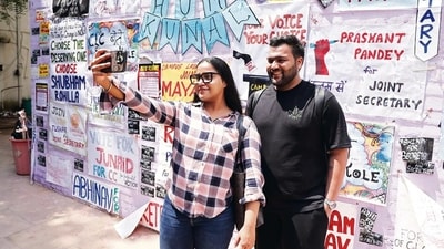 Handmade posters adorn the Wall of Democracy in North Campus ahead of the elections scheduled for September 18. (Photo: Manoj Verma/HT) Handmade posters adorn the Wall of Democracy in North Campus ahead of the elections scheduled for September 18. (Photo: Manoj Verma/HT)