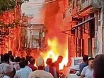 A major fire erupted after a paint laden vehicle rammed into a 315 KVA transformer in Iqbal Nagar on Tibba Road. (HT Photo)