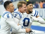 Indianapolis Colts place kicker Spencer Shrader celebrates with Sith Rigoberto Sanchez and Cam Bynum after Schrader kicked a game winning field goal against the Denver Broncos, Sunday, Sept. 14. Indianapolis Colts place kicker Spencer Shrader celebrates with Sith Rigoberto Sanchez and Cam Bynum after Schrader kicked a game winning field goal against the Denver Broncos, Sunday, Sept. 14.