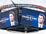 A tribute to Charlie Kirk is shown on the Jumbotron before a NASCAR Cup Series auto race, Saturday, Sept. 13, 2025, in Bristol, Tenn.