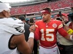 Kansas City Chiefs quarterback Patrick Mahomes (15) and Philadelphia Eagles quarterback Jalen Hurts shake hands Kansas City Chiefs quarterback Patrick Mahomes (15) and Philadelphia Eagles quarterback Jalen Hurts shake hands
