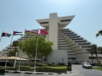 Flags of Afghanistan, Jordan, Azerbaijan and Qatar flutter as Qatar prepares to host the Emergency Arab-Islamic Summit at the Sheraton Hotel, in Doha, Qatar.
