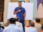 Congress leader Rahul Gandhi interacts with the party's district presidents at a training camp under 'Sangathan Srijan Abhiyan', in Junagadh, Gujarat. (@INCIndia/X via PTI Photo)