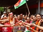ShivSena (UBT) workers protested against the India vs Pakistan cricket match with the slogan "Maje kuku maza desh" outside Shiv Sena Bhavan, Shivaji Park, Dadar on Sunday. (Bhushan Koyande/HT Photo) ShivSena (UBT) workers protested against the India vs Pakistan cricket match with the slogan "Maje kuku maza desh" outside Shiv Sena Bhavan, Shivaji Park, Dadar on Sunday. (Bhushan Koyande/HT Photo)