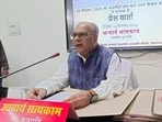 UPRTOU VC Prof Satyakam addressing media persons in Prayagraj on Saturday. (HT PHOTO) UPRTOU VC Prof Satyakam addressing media persons in Prayagraj on Saturday. (HT PHOTO)