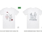 One top has a line-art drawing of Charlie Kirk, his wife, and their two kids strolling hand in hand into the distance while sporting a gold halo over his head.