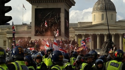 Protesters gather in Trafalgar Square for an anti-immigration rally organised by a British anti-immigration activist on Saturday. (Reuters)