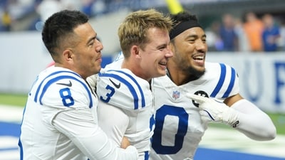 Indianapolis Colts place kicker Spencer Shrader celebrates with Sith Rigoberto Sanchez and Cam Bynum after Schrader kicked a game winning field goal against the Denver Broncos, Sunday, Sept. 14. (AP) Indianapolis Colts place kicker Spencer Shrader celebrates with Sith Rigoberto Sanchez and Cam Bynum after Schrader kicked a game winning field goal against the Denver Broncos, Sunday, Sept. 14. (AP)