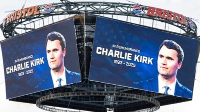 A tribute to Charlie Kirk is shown on the Jumbotron before a NASCAR Cup Series auto race, Saturday, Sept. 13, 2025, in Bristol, Tenn. (AP) A tribute to Charlie Kirk is shown on the Jumbotron before a NASCAR Cup Series auto race, Saturday, Sept. 13, 2025, in Bristol, Tenn. (AP)