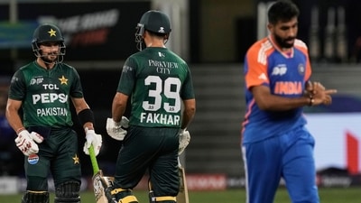 Pakistan's Sahibzada Farhan slammed two sixes off Jasprit Bumrah's deliveries. (AP) Pakistan's Sahibzada Farhan slammed two sixes off Jasprit Bumrah's deliveries. (AP)