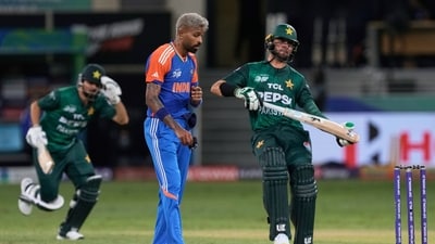 Hardik Pandya, center, watches as Shaheen Shah Afridi, right, runs into the crease during the Asia Cup cricket match between India and Pakistan (AP) Hardik Pandya, center, watches as Shaheen Shah Afridi, right, runs into the crease during the Asia Cup cricket match between India and Pakistan (AP)