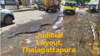 Bengaluru's Judicial Layout residents, including children, voiced concerns over broken roads, which they described as dangerous. Bengaluru's Judicial Layout residents, including children, voiced concerns over broken roads, which they described as dangerous.