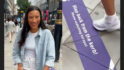 A UK woman filmed a purple ‘Mind the Grab’ line on a London kerb, and the clip went viral. (Instagram/annabell_newman) A UK woman filmed a purple ‘Mind the Grab’ line on a London kerb, and the clip went viral. (Instagram/annabell_newman)