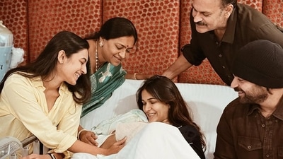 Niharika Konidela, Padmaja and Nagababu doting over Lavanya Tripathi and Varun Tej's baby. Niharika Konidela, Padmaja and Nagababu doting over Lavanya Tripathi and Varun Tej's baby.
