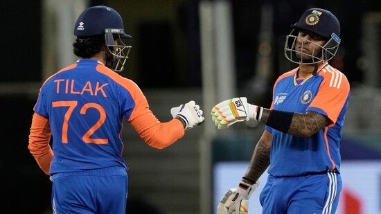 After both openers departed in the powerplay, Tilak and Surya ensured no hiccups. Reprising the role they play for Mumbai Indians, a strong and confident left-right partnership in the middle overs to nullify the Pakistan spinners.(AP)
