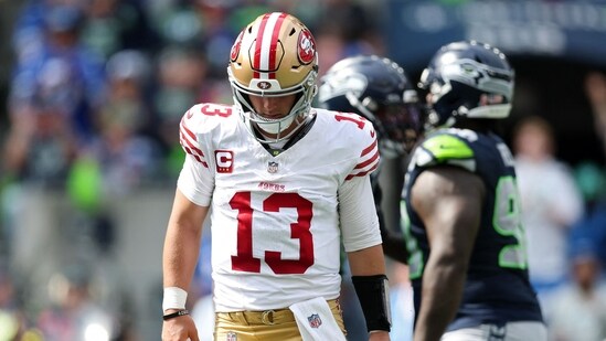 Brock Purdy #13 of the San Francisco 49ers reacts during the second quarter against the Seattle Seahawks during the game at Lumen Field on September 07, 2025 in Seattle, Washington. (Getty Images via AFP)
