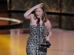 Hannah Einbinder accepts the award for Supporting Actress in a Comedy Series for "Hacks" at the 77th Primetime Emmy Awards in Los Angeles, California, U.S., September 14, 2025.