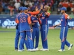India players celebrate the wicket of Pakistan's Sahibzada Farhan, caught out by India's Hardik Pandya off the bowling of Kuldeep Yadav 