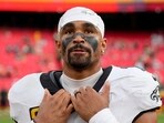 Philadelphia Eagles quarterback Jalen Hurts pauses on the field following an NFL football game against the Kansas City Chiefs Sunday. Philadelphia Eagles quarterback Jalen Hurts pauses on the field following an NFL football game against the Kansas City Chiefs Sunday.