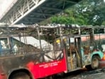 Charred remains of a BMTC bus after a major accident was averted when the vehicle caught fire early morning; the driver safely evacuated all passengers, in Bengaluru. Charred remains of a BMTC bus after a major accident was averted when the vehicle caught fire early morning; the driver safely evacuated all passengers, in Bengaluru.