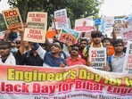 Patna: Contractual engineers wear black ribbons on their eyes as they protest against government policies, for their demand on the occasion of 'Engineer Day', at Vishwarya Bhawan, in Patna, Bihar, Monday, Sept 15, 2025. Patna: Contractual engineers wear black ribbons on their eyes as they protest against government policies, for their demand on the occasion of 'Engineer Day', at Vishwarya Bhawan, in Patna, Bihar, Monday, Sept 15, 2025.