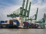 Shipping containers stacked on the KMTC Jebel Ali container ship at Jawaharlal Nehru Port in Navi Mumbai, Maharashtra, (Bloomberg)