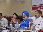 Union minister Hardeep Singh Puri chairing District Development Coordination and Monitoring Committee meeting in Varanasi on September 15. (Sourced)