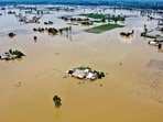 Swathes of farmland submerged under floodwater in Kapurthala, Punjab. 