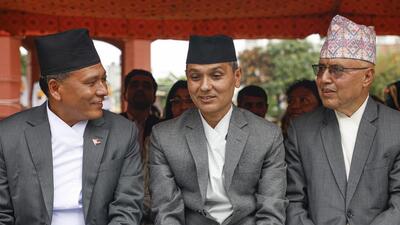(From left) Kulman Ghising, Om Prakash Aryal, and Rameshwor Khanal on Monday. (PTI) (From left) Kulman Ghising, Om Prakash Aryal, and Rameshwor Khanal on Monday. (PTI)