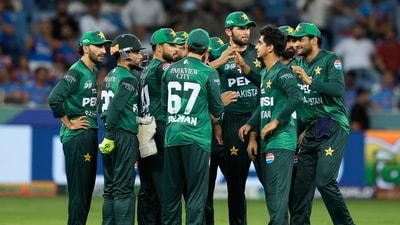 Saim Ayub, third right, and teammates celebrate the dismissal of Abhishek Sharma during the Asia Cup cricket match between India and Pakistan (AP) Saim Ayub, third right, and teammates celebrate the dismissal of Abhishek Sharma during the Asia Cup cricket match between India and Pakistan (AP)