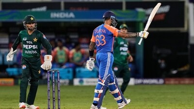 India's captain Suryakumar Yadav raises his bat to celebrate their win in the Asia Cup cricket match against Pakistan. (AP) India's captain Suryakumar Yadav raises his bat to celebrate their win in the Asia Cup cricket match against Pakistan. (AP)