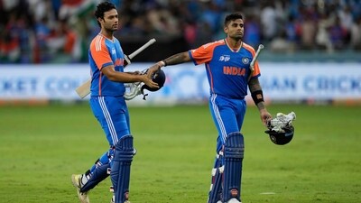 India's captain Suryakumar Yadav, right celebrates with batting partner Shivam Dube after their win in the Asia Cup cricket match against Pakistan (AP) India's captain Suryakumar Yadav, right celebrates with batting partner Shivam Dube after their win in the Asia Cup cricket match against Pakistan (AP)