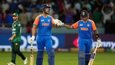 India's captain Suryakumar Yadav, right, celebrates with batting partner Shivam Dube after their win in the Asia Cup match against Pakistan. (AP) India's captain Suryakumar Yadav, right, celebrates with batting partner Shivam Dube after their win in the Asia Cup match against Pakistan. (AP)
