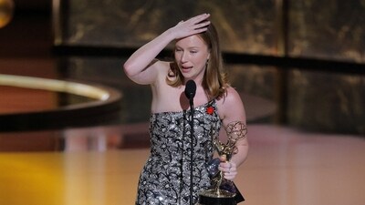 Hannah Einbinder accepts the award for Supporting Actress in a Comedy Series for "Hacks" at the 77th Primetime Emmy Awards in Los Angeles, California, U.S., September 14, 2025. (REUTERS)