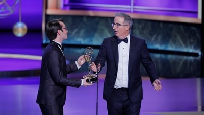 John Oliver reacts after winning the award for Outstanding Scripted Variety Series for "Last Week Tonight with John Oliver" at the 77th Primetime Emmy Awards in Los Angeles, California, U.S., September 14, 2025. (REUTERS)