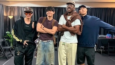 BTS members RM, V and J-Hope posed with Tyler, the Creator at his Seoul concert. BTS members RM, V and J-Hope posed with Tyler, the Creator at his Seoul concert.