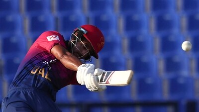 Muhammad Zohaib provided late impetus to UAE's innings after a brief lull in the middle, hitting a couple of big shots as he scored a quick 21. (AFP) Muhammad Zohaib provided late impetus to UAE's innings after a brief lull in the middle, hitting a couple of big shots as he scored a quick 21. (AFP)