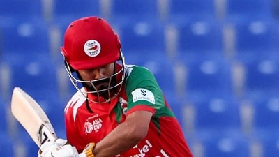Oman captain Jitender Singh made a fast start to his innings that would have kept Oman hopes high to start, hitting four fours as he scored 20(10). However, once he chopped on, wickets started tumbling like nine-pins. (AFP) Oman captain Jitender Singh made a fast start to his innings that would have kept Oman hopes high to start, hitting four fours as he scored 20(10). However, once he chopped on, wickets started tumbling like nine-pins. (AFP)