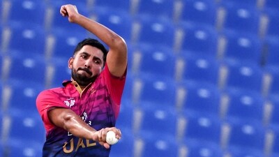Junaid Siddique was the star with the ball for UAE, finishing with figures of 4/23 in his four overs, including the scalps of both openers. (AFP) Junaid Siddique was the star with the ball for UAE, finishing with figures of 4/23 in his four overs, including the scalps of both openers. (AFP)